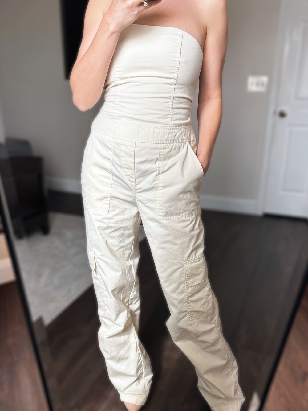 Zara Strapless Cream Utility Jumpsuit sz S